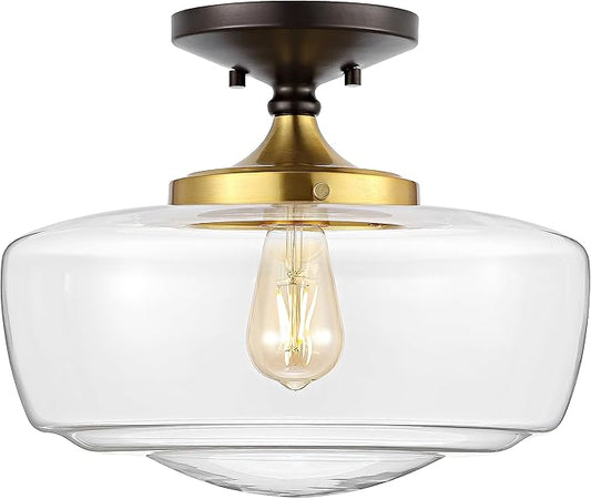 JONATHAN Y 14" Oil Rubbed Bronze/Brass Gold Modern Farmhouse LED Flush Mount Light Fixture, Clear Glass Shade, Rustic Industrial Schoolhouse Lamp for Kitchen Hallway Bedroom (JYL7517E)
