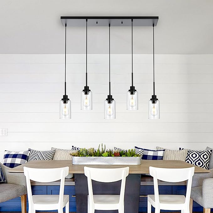 MELUCEE Black Pendant Lights for Kitchen Island, 5-Light Dining Room Light Fixtures Linear Chandeliers with Clear Glass Shade, DIY Hanging Lamp Ceiling for Dining Room Kitchen Bar