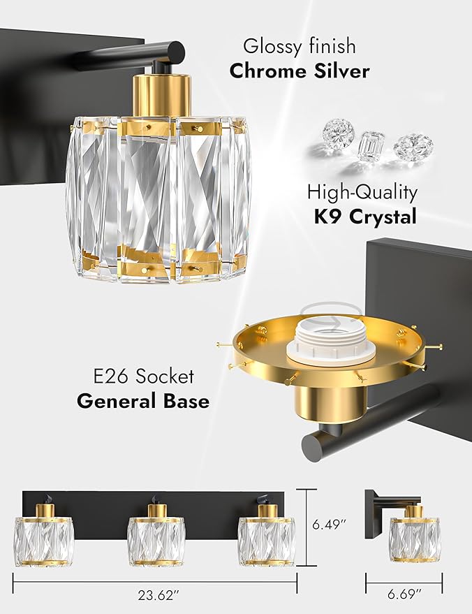 VOLISUN Crystal Vanity Lights for Bathrooms, 3 Light Bathroom Vanity Light, Black and Gold Bathroom Light Over Mirror, Modern Bathrooms Lights Fixtures-UL Certificated(Exclude Bulb)