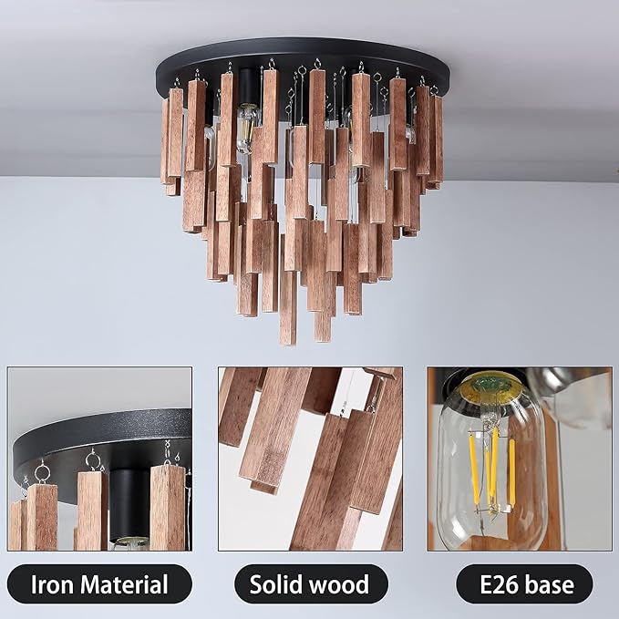7-Light Flush Mount Wooden Ceiling Light - Rustic Oak and Black Ceiling Lamp with E26 for Farmhouse Kitchen, Dining Room, Living Room, Bedroom, Foyer, Hallway