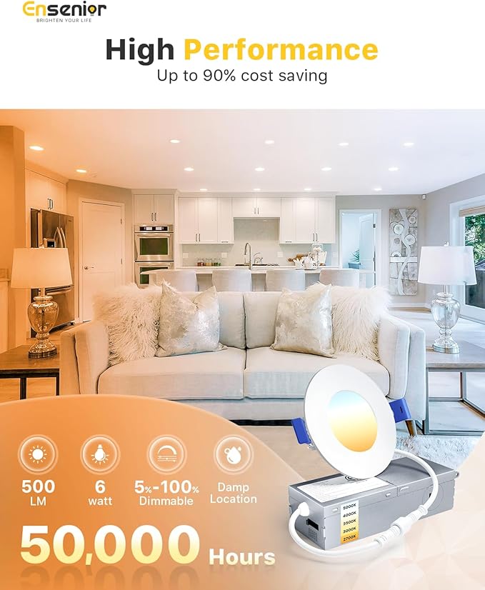 Ensenior 6 Pack 3 Inch LED Recessed Light, Dimmable, 2700K-5000K 5CCT, 500LM High Brightness, 6W 120V, Damp Rated, Ultra-Thin Canless Wafer Light - ETL & FCC & IC