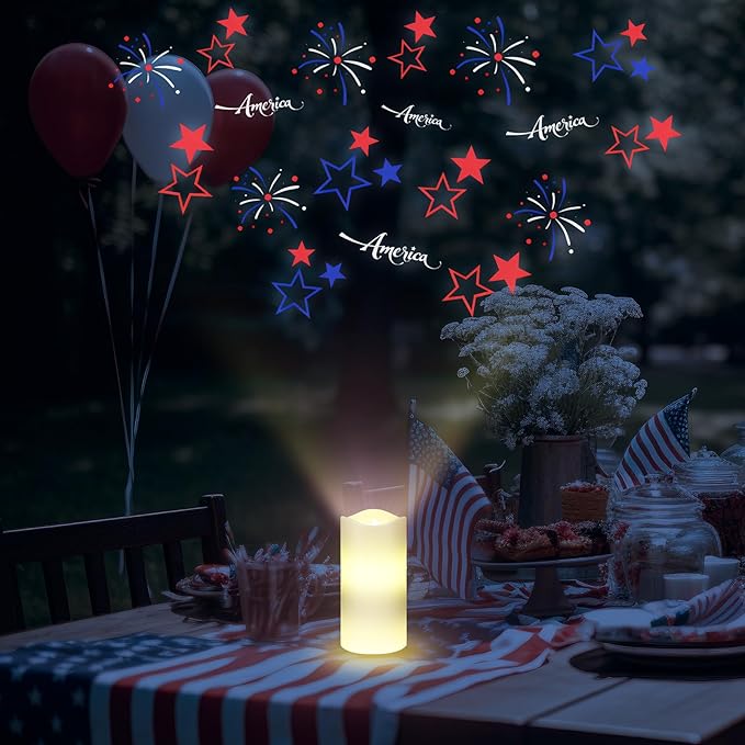 4th of July Flameless Candle Patriotic Projector Light 250th Anniversary Decoration LED Candle Battery Operated Night Light with Remote Timer Independence Day Memorial Red White Blue Table Decor