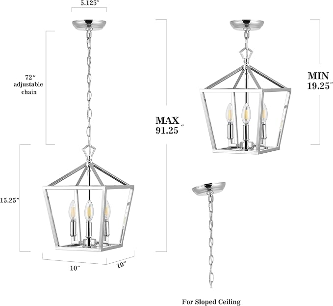 JONATHAN Y 10" Chrome 3-Light Pagoda LED Pendant Lantern, Classic Modern Farmhouse Chandelier for Kitchen Island, Dining Room, Entry, Foyer, Rustic Iron Frame (JYL7601C)