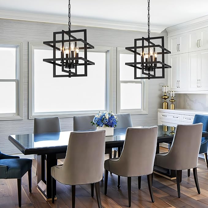 Modern Black Chandelier Rectangle Industrial Chandeliers Dining Room Hanging Pendant Light Fixtures for Kitchen Island Living Room Bedroom Foyer Height Adjustable