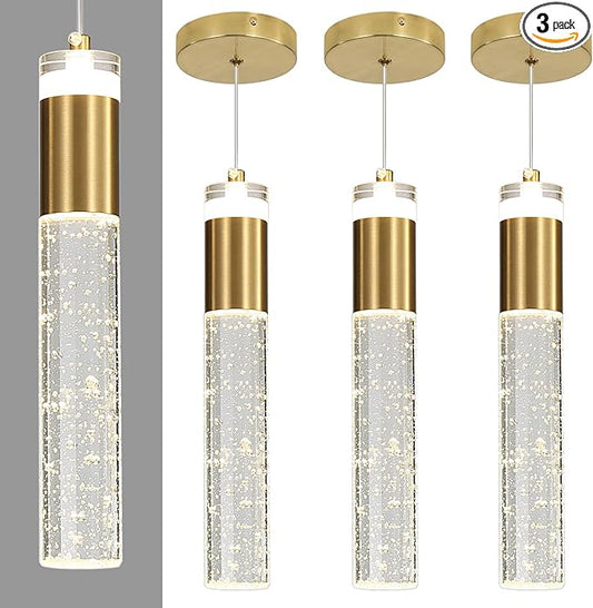 3 Pack Modern Kitchen Island Pendant Lights, Gold Bubble Crystal Ceiling Hanging Light, 3 Color 2700K/4500K/6500K, Mini Linear LED Chandelier Lighting for Dining Room, Bedroom, Bar, Hallway, Bedside