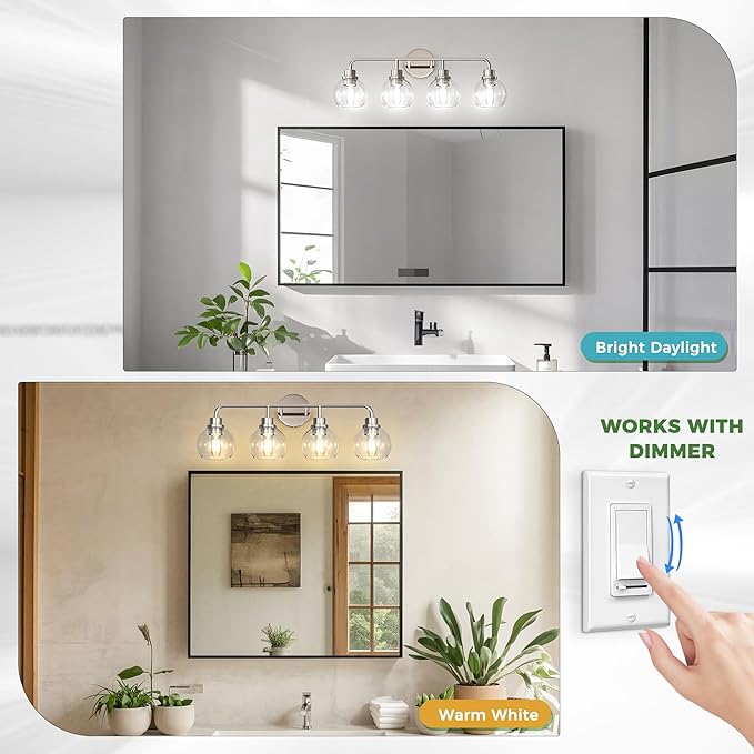 DORESshop Built to Last 20 Years Bathroom Light Fixtures, 4-Light Vanity Lights Over Mirror, Nickel Wall Lamp with Clear Glass for Living Room Decor Bedroom Porch Cabinet