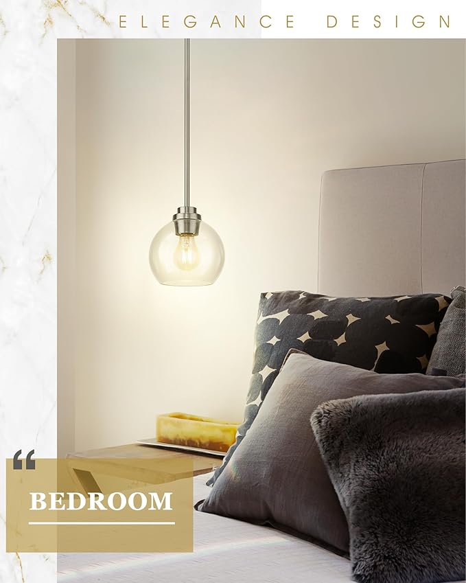 Pendant Lights Kitchen Island, 7" Modern Brushed Nickel Hanging Lights Fixtures with Clear Glass Globe Shade, Kitchen Island Lighting for Bathroom, AD-22280-1P-SN-C