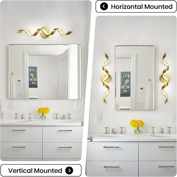 LED Modern Bathroom Vanity Light Fixtures, 24 inch Gold Wall Lamp Bedroom 4000K, Spiral Design Wall Sconce for Mirror, Living Room, Bedroom, Hallway 15W