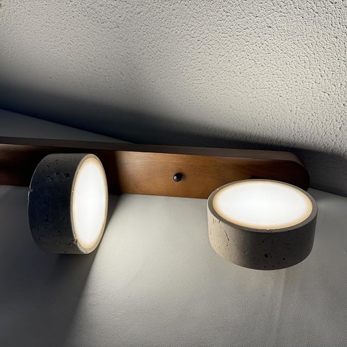 Dark Wood Farmhouse Bathroom Vanity Light 4 Lights Modern Stone Cylinder Wall Lamp Travertine Shade Linear Bathroom Wall Sconce Rotatable LED Wall Light Over Mirror - Walnut Color