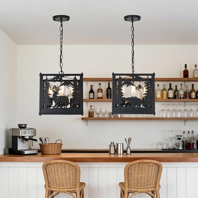 Rustic Pendant Light-Bear Deer Style, 4-Light Farmhouse Metal Chandelier Adjustable Hanging Ceiling Fixture for Dining Room, Bedroom, Kitchen, Entryway, Living Room (No Bulb Included)