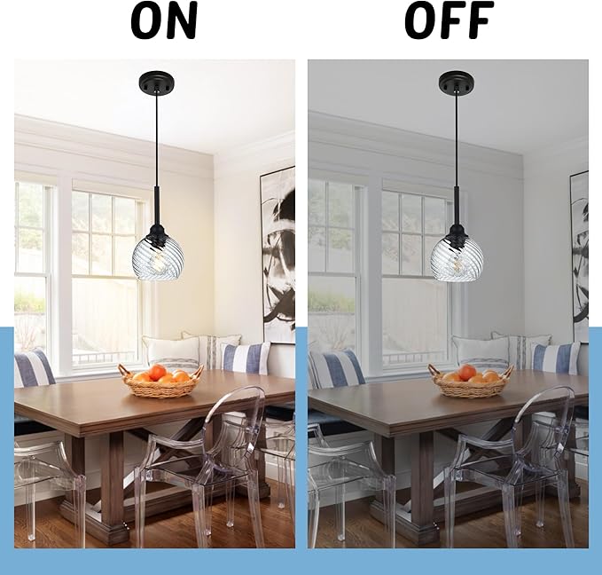 2 Pack Pendant Lights Kitchen Island with Clear Striped Swirl Globe Glass, Modern Hanging Light Fixtures Semi Flush Mount Stylish Black Pendant Lighting for Dining Room Hallway Bedroom Bar