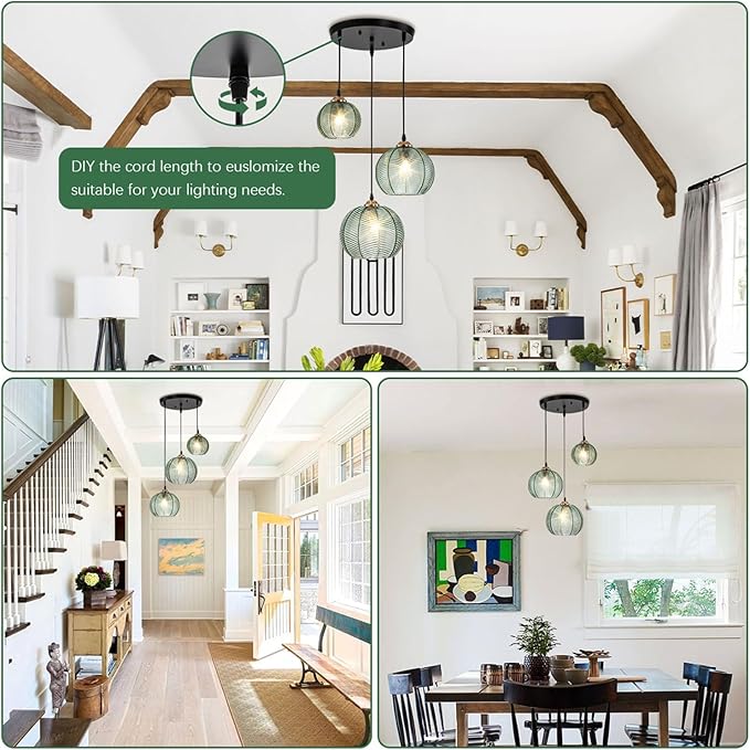 Modern 3-Light Pendant Lighting Hand-Blown Green Glass Chandelier, Hanging Ceiling Light with Glass Shade, Farmhouse Kitchen Island Pendant Light for Dining Room Bedroom Living Room