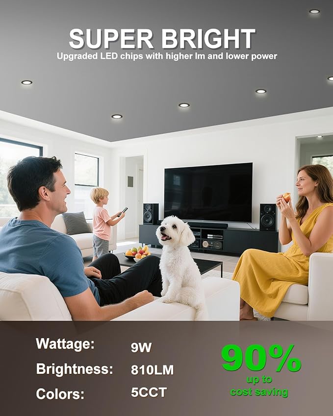 zouzai 4 Inch Black 5CCT Reset Ultra-Thin LED Recessed Ceiling Light with Junction Box, 2700K/3000K/3500K/4000K/5000K Selectable, 9W, Dimmable-ETL and Energy Star Certified【6 Pack 】
