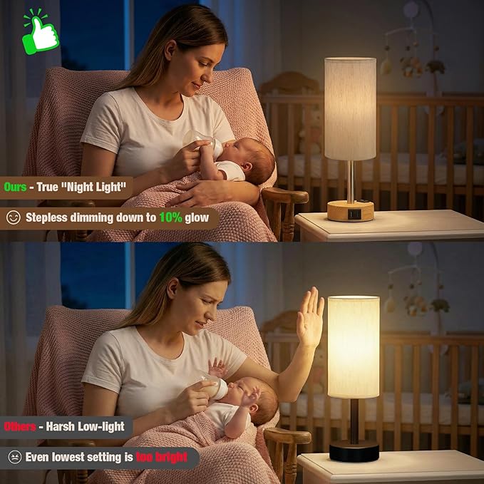 Touch Bedside Table Lamp with Memory - Stepless Dimmable Lamp for Bedroom, Small Nightstand Lamp with Dual USB Charging Ports and AC Outlet, Wood Night Light, Deak Lamp for Nursery, Living Room, Dorm