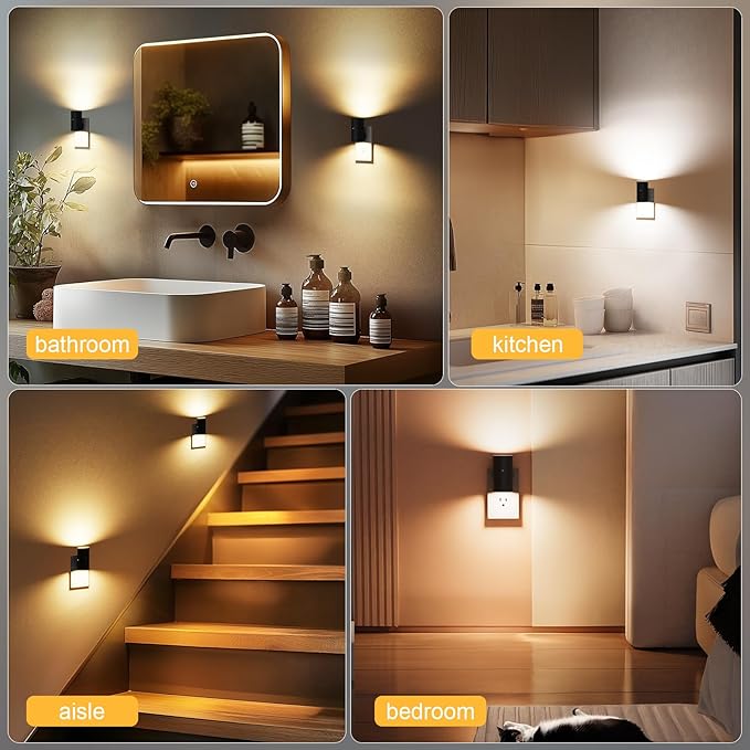 VOLISUN Night Lights Plug into Wall, Dimmable LED Nightlight with Dusk to Dawn Light Sensor, 0-100LM Adjustable Brightness, 3 Color Temperatures, Compact Size Black 8 Pack for Hallway,Bedroom,Bathroom
