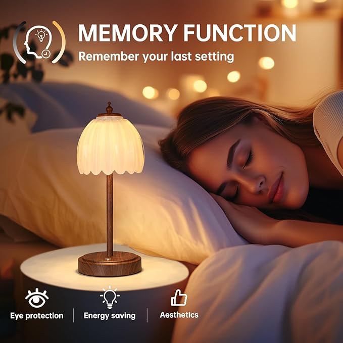 Shenmoyl Tulip Table Lamp with 5200mAh Battery & Touch Control, Small Cordless Table Lamp with 3 Colors, Rechargeable Battery Operated Table Lamps for Bedroom, Desk, Bedside (White-Walnut Color)