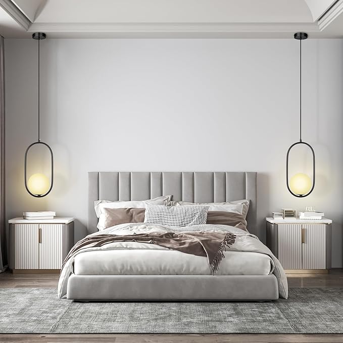 lobolighting Modern Pendant Lighting, 2 Pack Black Pendant Light Fixtures Adjustable Height Mid Century Chandelier, Frosted Glass Globe Single Hanging Light for Kitchen Island Dining Room Bedroom