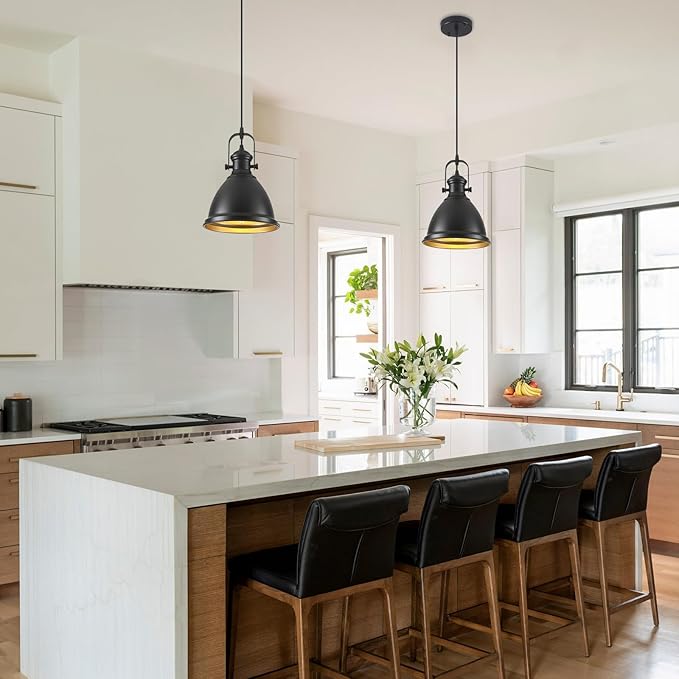 Farmhouse Pendant Lights Kitchen Island, 8.6 inches Matte Black Pendant Light Fixtures, Industrial Kitchen Pendant Lighting, Modern Hanging Light Fixture for Kitchen Sink Dining Room, 2 Pack