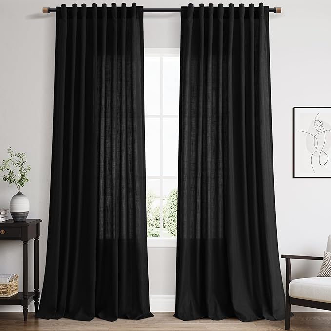 Nanspring Black Linen Curtains 90 Inches Long for Living Room 2 Panels Set Semi Sheer Vertical Curtains Back Tab Rod Pocket Simple Modern Privacy Curtain for Bedroom/Dinner Room 60x90