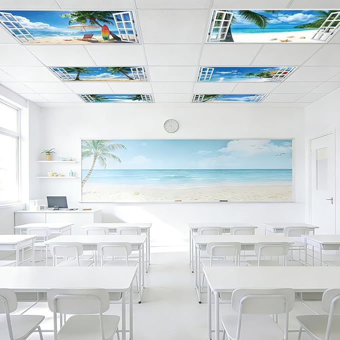 8 Pcs Summer Beach Fluorescent Light Covers for Classroom Ceiling Light 4 x 2 Feet Magnetic Lights Cover Filter Easy Install for Back to School Office Hospital Ceiling Supply (Windows Seascape)