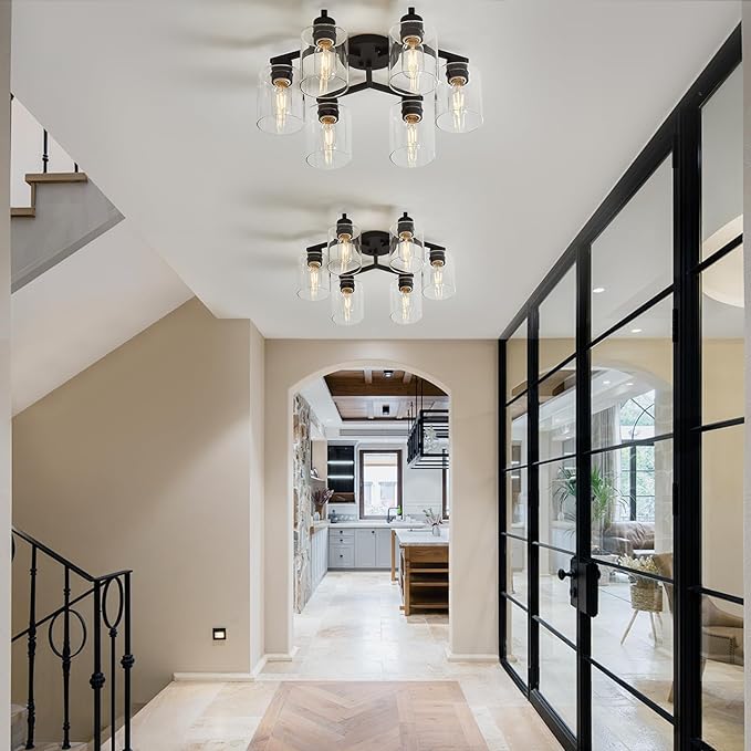 6 Light Semi Flush Mount Ceiling Light Black Kitchen Lighting Fixtures Ceiling Industrial Large Cieling Light Fixtures, with Clear Glass Shade for Dining Room Living Room Kitchen Island Farmhouse