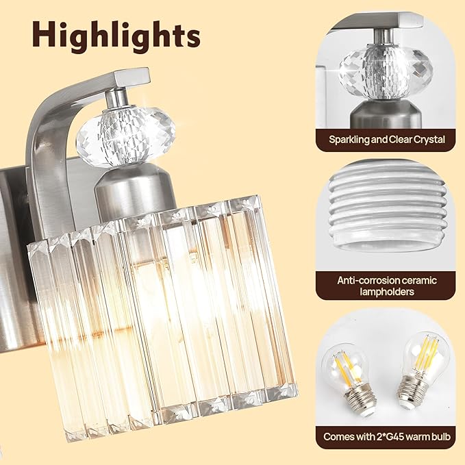 Modern Bathroom Vanity Light, 2-Light Nickel Bathroom Lighting Fixtures Over Mirror, 12.6" Crystal Wall Light Sconce for Bathroom/Bedroom/Vanity, Includes LED Bulbs, Easy Installation