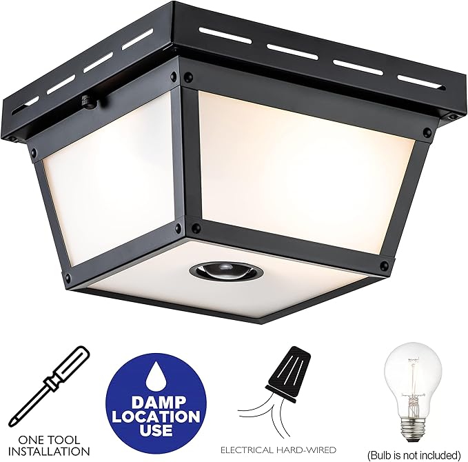 c cattleya 2-Light Motion Sensor Ceiling Light Fixture Outdoor Flush Mount Light Porch Lights Ceiling Mount Black with Textured Glass for Front Porch Deck Covered Patio Hallway