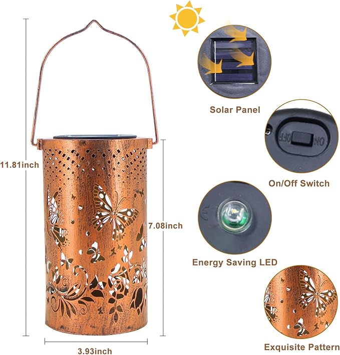 Butterfly Solar Lanterns Outdoor Waterproof Hanging Lights, Butterfly Garden Decor Gifts for Women Mom Grandma, Metal Decorative LED Solar Lanterns for Yard Patio Porch Balcony Garden Decor