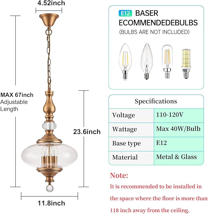 Vintage Kitchen Island Pendant Light Antique Brushed Brass Glass Pendant Light W 11.8 in. H 23.6 in. Chandelier for Living Room Dining Room Bedroom