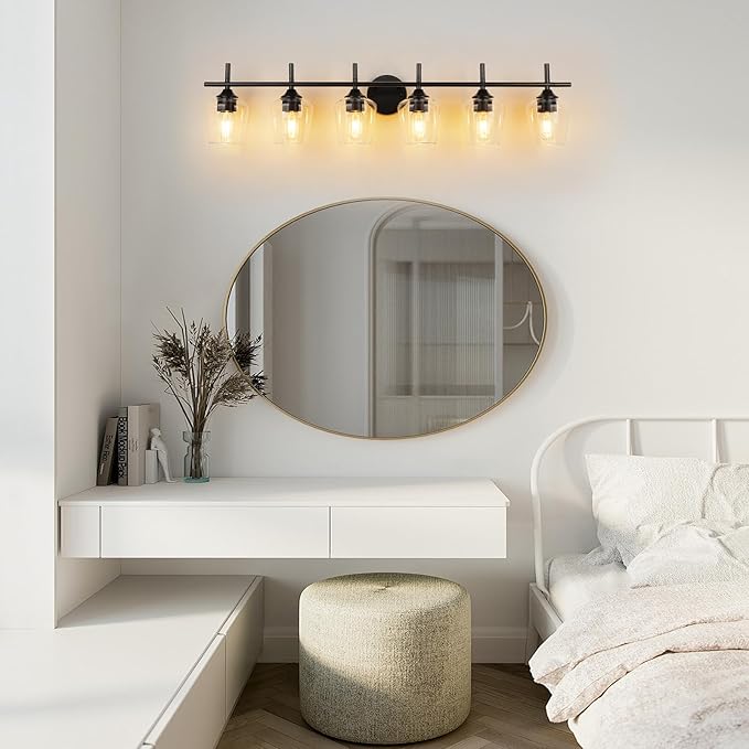 Bathroom Vanity Light Fixtures, Bathroom 6-Lights Over Mirror Modern Vanity Lighting with Clear Wine Glass Shade Wall Lamp for Bedroom Hallway Living Room (Black, 6-Light)