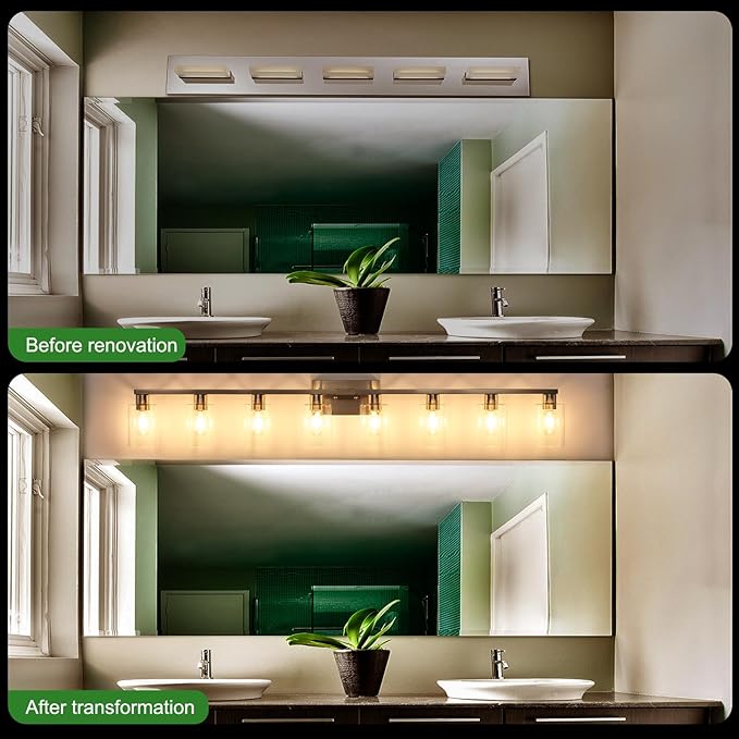 8 Light Bathroom Vanity Light,Modern Large Brushed Nickel Bathroom Light Fixtures Clear Glass Shade Rust and Moisture Prevention and Easy to Install Vanity Lights for Bathroom Lights Over Mirror