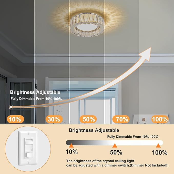 Dimmable Crystal Modern LED Flush Mount Ceiling Light,Chrome 11 Inch Small Chandelier 24W 5CCT 3000K-6000K Hallway Close to Ceiling Light Fixtures for Kitchen,Entryway,Laundry Room,Bedroom