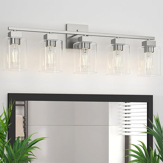 Espird 5 Light Bathroom Vanity Light - Brush Nickel Bathroom Light Fixtures Square Design & UL Certification, 31 Inch Long Light Fixtures Over Mirror for Bedroom & Restroom