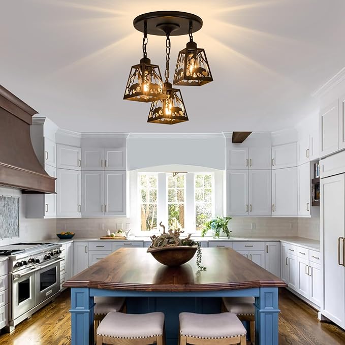 Farmhouse Rustic Ceiling Light Fixture,Black Metal Cage Pendant Lights Kitchen Island with Bear,Industrial Hanging Pendant Lighting for Dining Room Bedroom Entryway Hallway Foyer