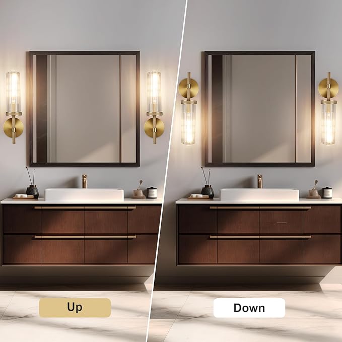 15" Knurled Brass Wall Sconce with Vertical Striped Glass Tube, Gold Bathroom Vanity Light Fixtures, Modern Lamp Lighting for Bedroom, Living Room, Hallway, Staircase, Mirror, Kitchen