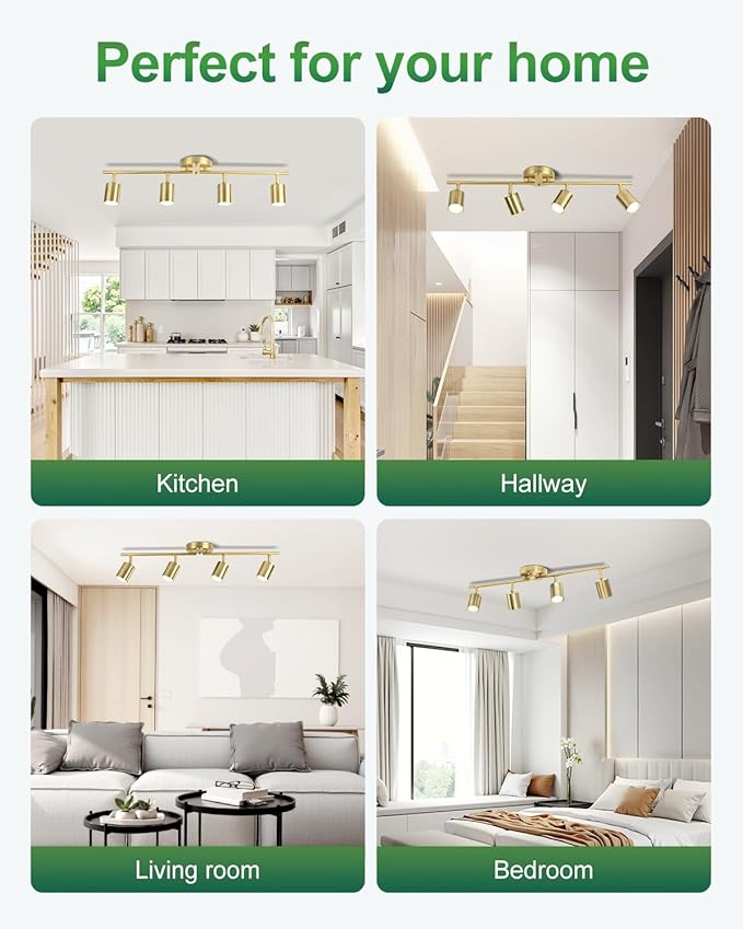 4 Ways Track Lighting, Rotatable Heads Tracks Light, Track Lightings Fixtures Ceiling with Foldable Arms, Brushed Gold Tracks Light for Kitchen, Living Room, Hallway(Bulbs Not Included)