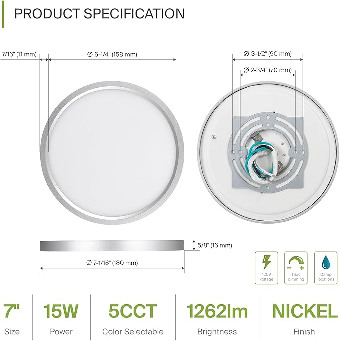 ASD LED 7" Round Flush Mount Ceiling Light Fixture, Low Profile Surface Lighting | 5CCT, Dimmable, Ultra-Thin, ETL Listed | 15W 1260LM 2700-6000K 120V | Kitchen, Hallway Lamp | Nickel, 12 Pack