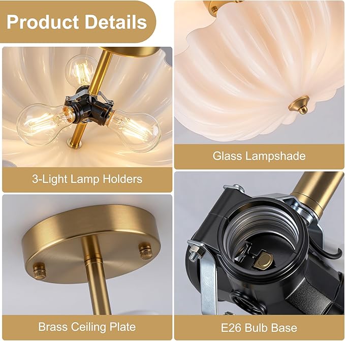 Milk Glass Ceiling Light Fixture, 15.7'' Vintage Gold Semi Flush Mount Ceiling Light, 3-Light Brass Modern Ceiling Light for Hallway Entryway Foyer Living Room,E26