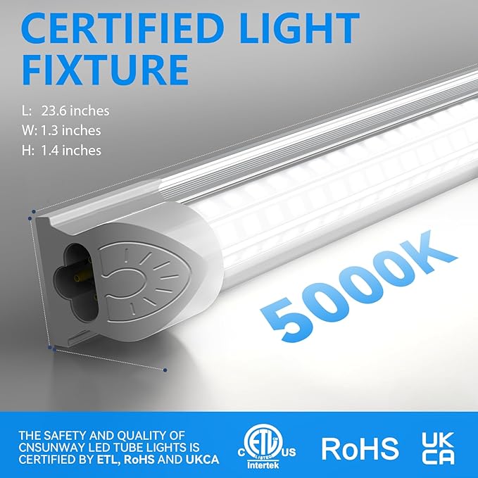 CNSUNWAY 2FT LED Shop Light, 24W 3600LM 5000K Daylight, T8 Integrated LED Light Fixture, D-Shape High Output, Linkable Shop Lights for Workbench, Kitchen, Basement, ETL Listed (6-Pack)