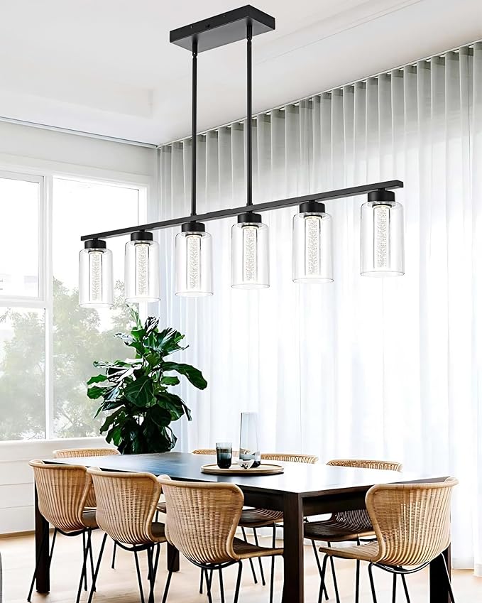 TODOLUZ 6-Lights 5CCT LED Black Kitchen Island Light LED Integrated Bulbs Included, Modern Linear Pendant Light Fixtures Hanging with Bubble Crystal LED & Clear Glass Shade