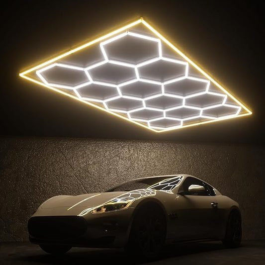 Hexagon Garage Lights, 14 Grids Hexagon LED Lights with Rectangle Frame, 603W 6500K Super Bright Honeycomb Light for Warehouse, Car Detailing Shop, Exhibition Hall, Gym(Orange)
