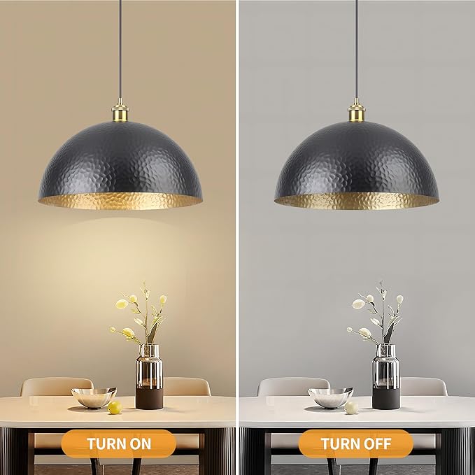 15.74" Black Farmhouse Pendant Light with Hammered Metal Shade Vintage Dome Pendant Light Adjustable Hanging Lighting fixtures for Kitchen Island Dining Room Hallway and Bar