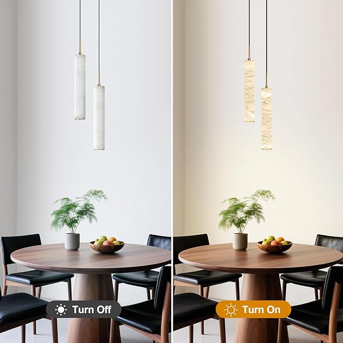 LMQNINE Natural Alabaster Pendant Lights for Kitchen Island White Marble Long Tube Chandelier 4000K Modern Gold Ceiling Light Fixtures for Bedroom Dining Room Table Living Room Hallway(M-2Light)