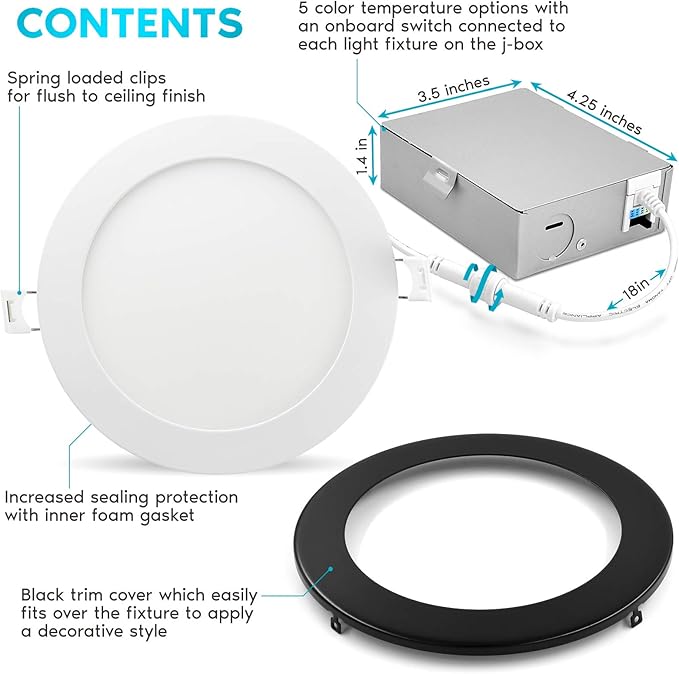 LUXRITE 6 Inch Ultra Thin LED Recessed Light with J-Box, 12W, 5 Color Options 2700K | 3000K | 3500K | 4000K | 5000K, Dimmable Wafer Light, 1000 Lumens, Black Trim, Energy Star, IC Rated
