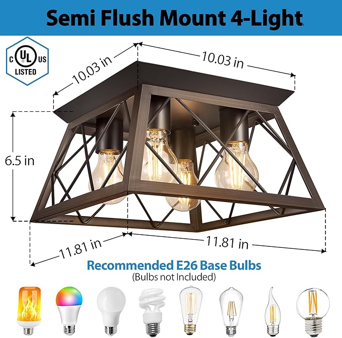 FadimiKoo Flush Mount Ceiling Light Fixtures for Kitchen Hallway, 4-Light Close to Ceiling Lighting, Industrial Farmhouse Square Cage Ceiling Lamp for Dining Room, Living Room, Bulb Not Included