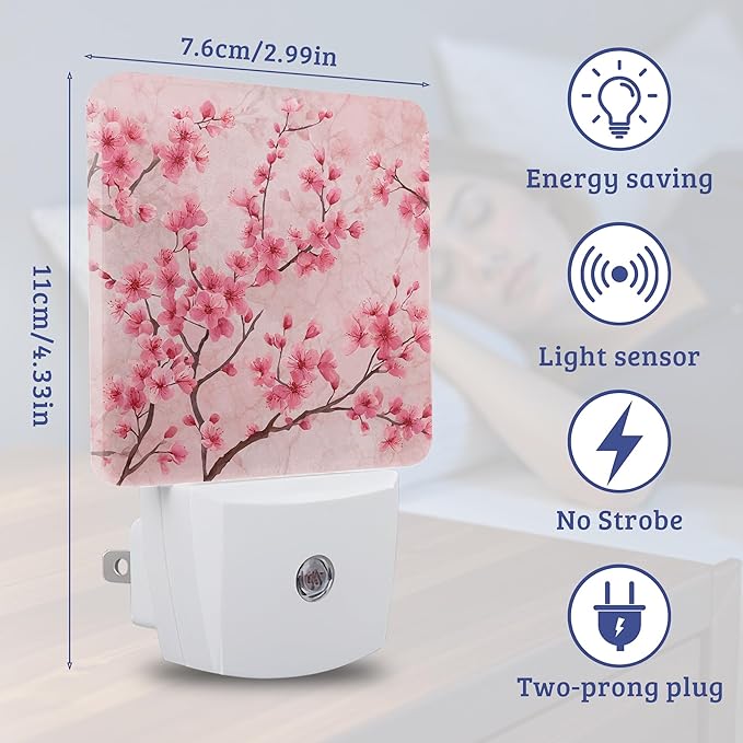 Pink Cherry Blossom Night Light with Dusk to Dawn Light Sensors, Plug-in Wall Led Night Lights, Energy Efficient Lamp for Bedroom,Bathroom,Kitchen,Hallway,Stairs, Gifts Ideal for Girls Women