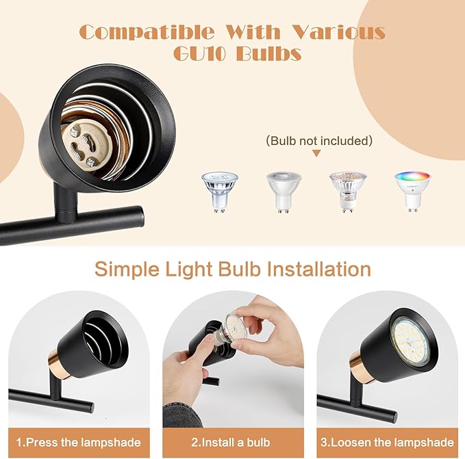 GORDNWE Track Lighting Fixtures Ceiling: LED Spot Lights Indoor 4 GU10 Flexible Heads Black Vintage Adjustable Compatible with Dimmable Bulbs Overhead Directional Lights Foldable for Kitchen Hallway