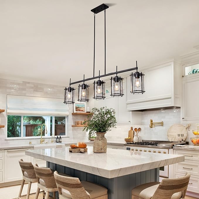 Farmhouse Linear Chandelier for Dining Room,Kitchen lsland Light Fixtures,5 Light Glass Chandeliers with Matte Black Finish,Height Adjustable L39.3”+W6.1”