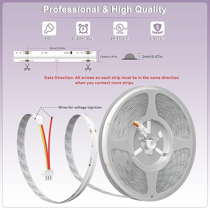 MIWISE RGB Smart IC COB LED Strip Light,20ft Color Chasing Flexible DC24V LED Tape Light,WS2811 Addressable RGB Ribbon,for Party/Home/Office DIY Lighting Projects(Power Supply&Controller NOT Included)