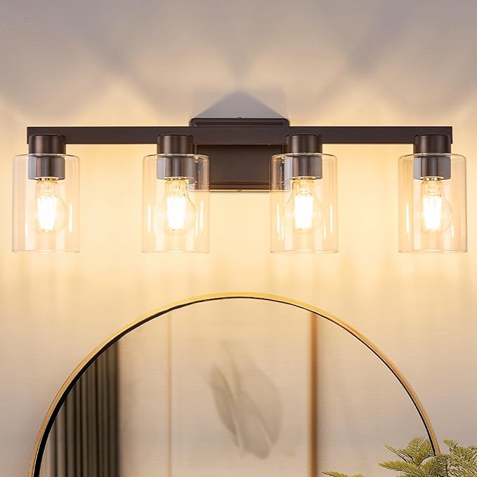 4-Light Bathroom Light Fixtures Modern Oil Rubbed Bronze Vanity Lights with Clear Glass Shade 26 Inch Wall Sconces Over Mirror for Bathroom,Powder Room, Living Room